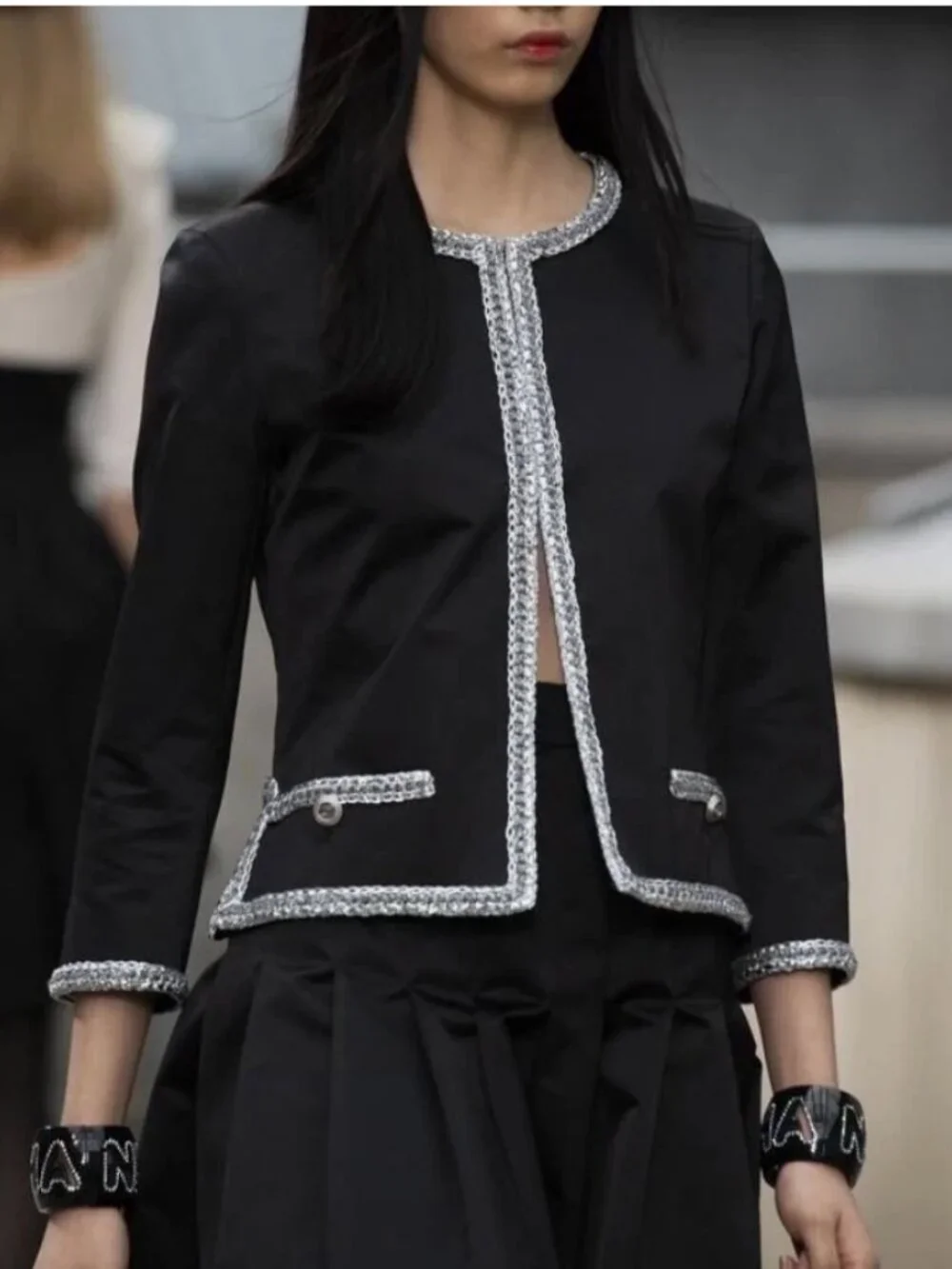 NWT CHANEL 20S Black Silk Runway Jacket Silver Braid Trim CC Buttons FR42